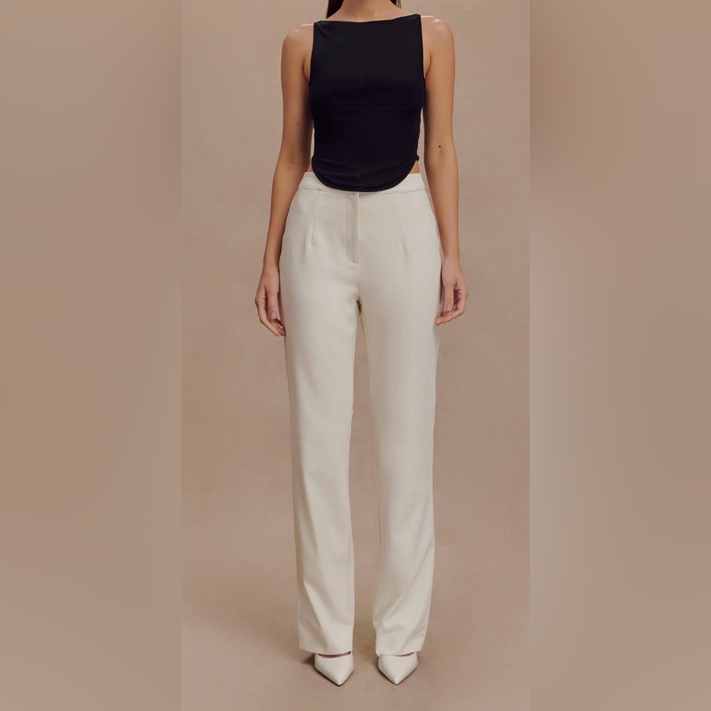 Meshki Black Top and Cream Straight Leg Pants